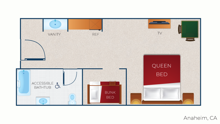 The floor plan for the Wolf Den Suite (Accessible Bathtub)